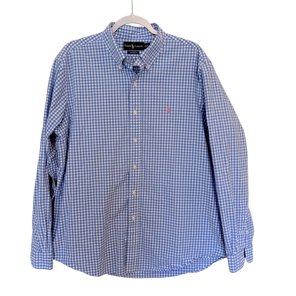 Polo Ralph Lauren Shirt Mens XL Custom Fit Blue Gingham Check Pink Pony Preppy